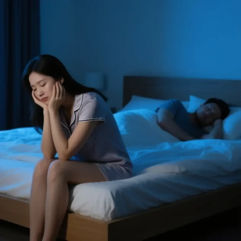 Femme somnolente assise au bord du lit tandis que son partenaire dort.