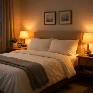 Chambre calme et apaisante en soirée, avec un lit soigneusement préparé, une lumière douce et tamisée, et une atmosphère propice au repos.