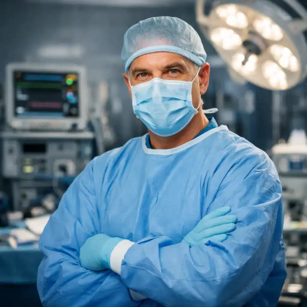 Chirurgien en tenue stérile dans un bloc opératoire.