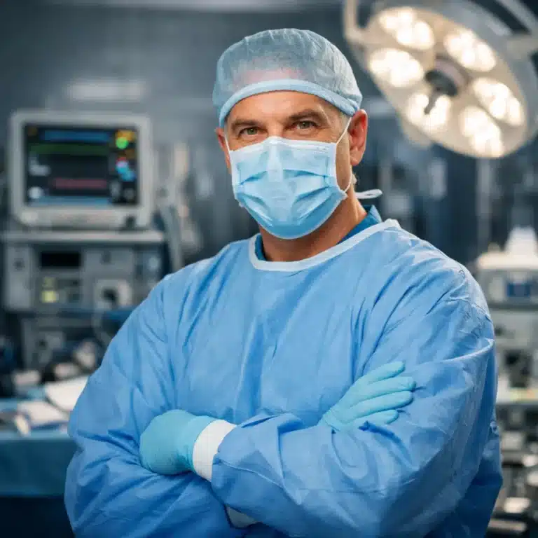 Chirurgien en tenue stérile dans un bloc opératoire.