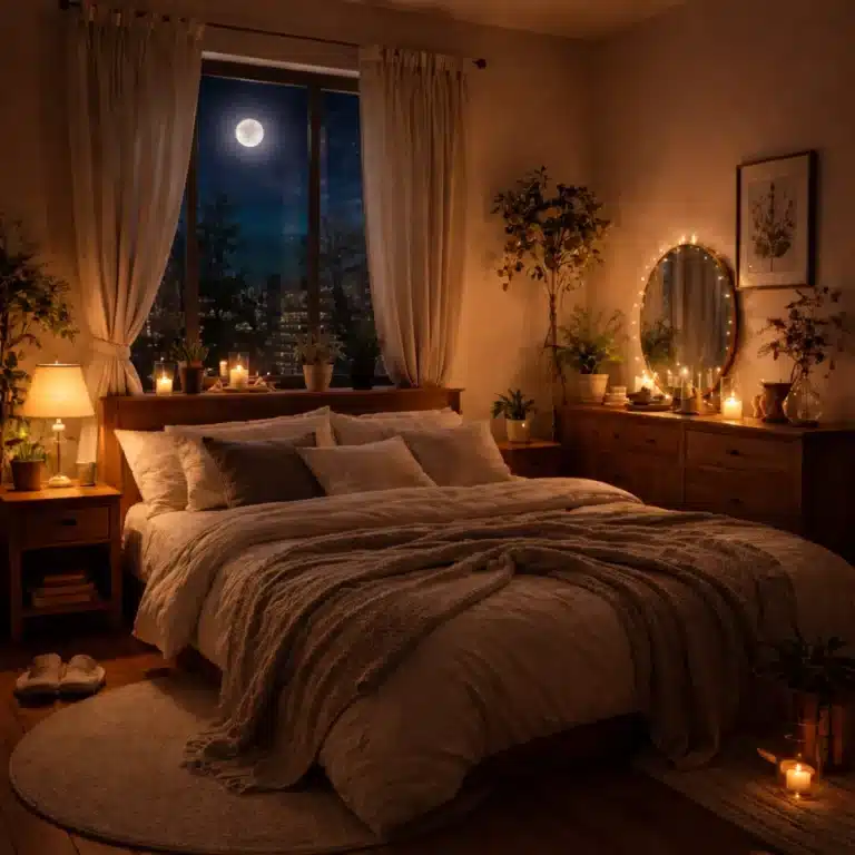 Chambre à coucher la nuit, éclairée par des lampes et des bougies. Un grand lit avec des coussins et un plaid est au centre. Une fenêtre montre une pleine lune au-dessus d’une ville. Des plantes et des objets décoratifs sont disposés sur les meubles.