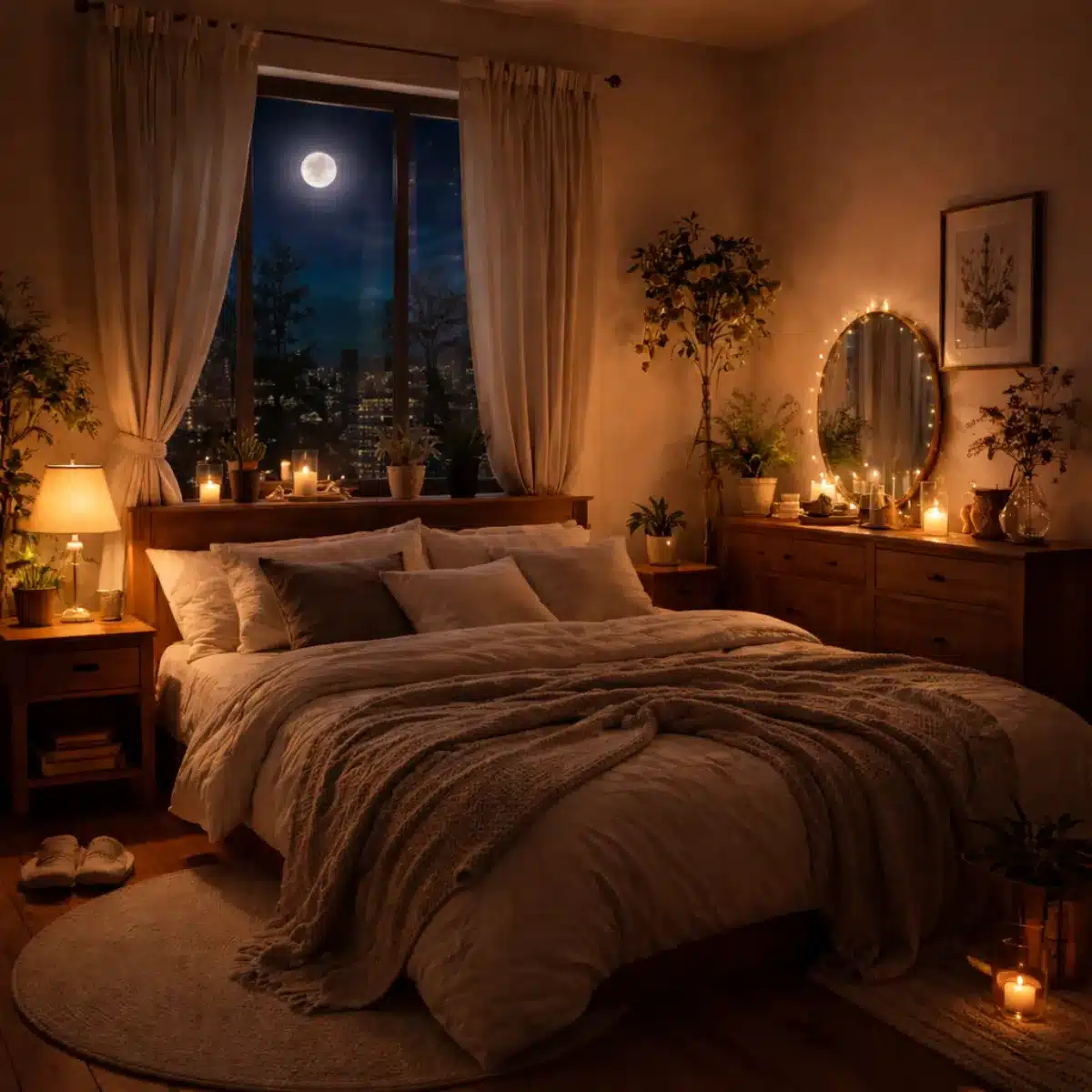 Chambre à coucher la nuit, éclairée par des lampes et des bougies. Un grand lit avec des coussins et un plaid est au centre. Une fenêtre montre une pleine lune au-dessus d’une ville. Des plantes et des objets décoratifs sont disposés sur les meubles.