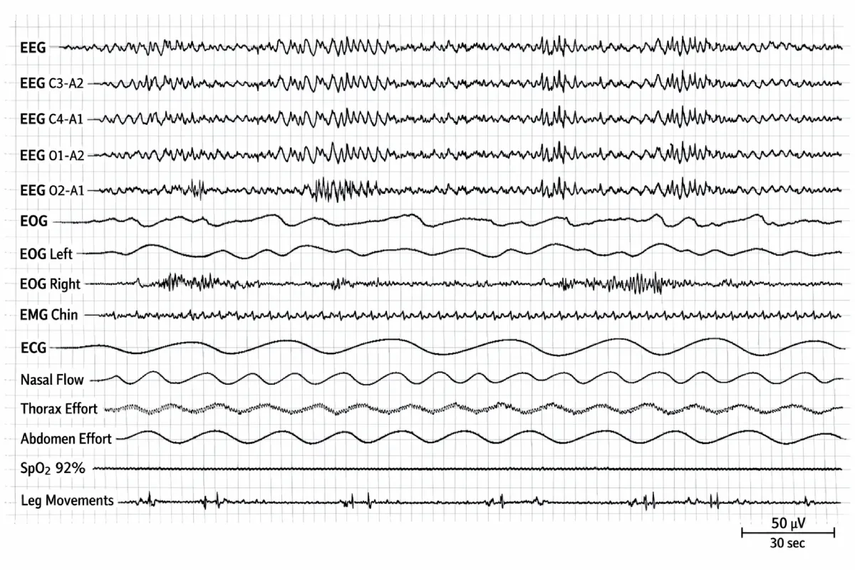 Tracé de polysomnographie montrant plusieurs signaux physiologiques alignés, dont EEG, EOG, EMG, ECG, flux nasal, efforts thoracique et abdominal, saturation en oxygène et mouvements des jambes.