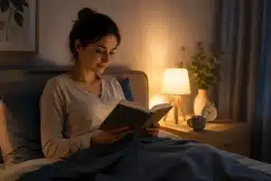Femme lisant calmement un livre dans son lit, éclairée par une lampe de chevet dans une chambre à l’ambiance douce et apaisante.