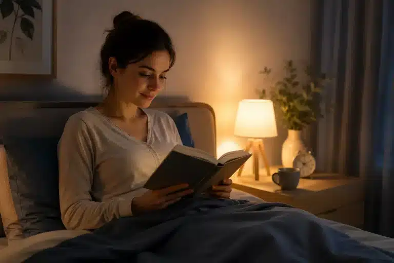 Femme lisant calmement un livre dans son lit, éclairée par une lampe de chevet dans une chambre à l’ambiance douce et apaisante.