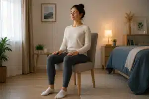 Femme assise sur une chaise dans une chambre, yeux fermés, dos droit et mains posées sur les cuisses.