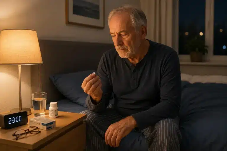 Homme âgé assis sur son lit, regardant un comprimé qu'il tient dans la main, avec un verre d'eau, une boîte de médicament, des lunettes et un réveil sur la table de chevet