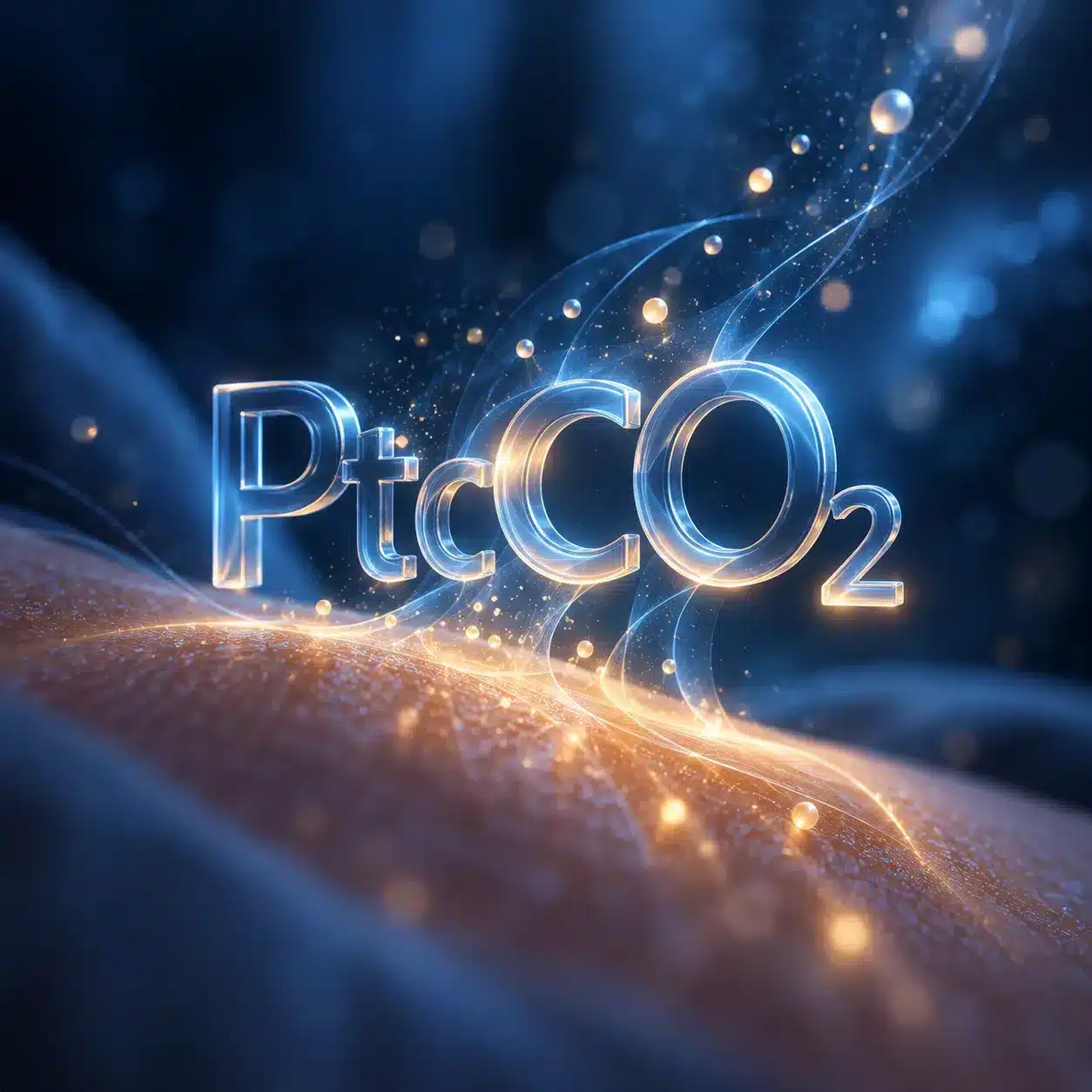 Inscription « PtcCO₂ » en lettres tridimensionnelles translucides et lumineuses, au-dessus d’une surface de peau, sur fond bleu nuit avec des particules dorées